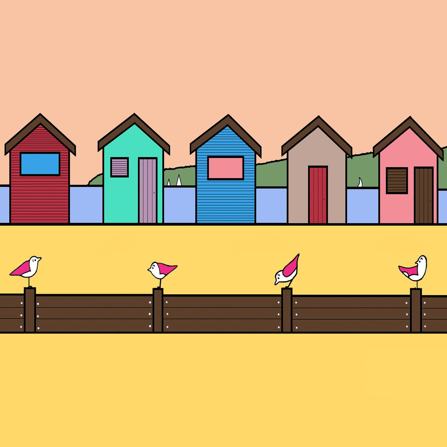 Five beach huts in different colours are on a bright yellow sandy beach. Towards the front are groynes with four pink winged seagulls perched on top looking in various directions. In the far background behind the beach huts is the blue sea with a few sailing boats in the distance with a green land and pale beach sky.