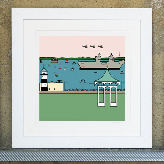 Giclee original artwork print in a white mounted frame. The Queen Elizabeth ship is going past in the sea, with a crowd of people watching. There are small sailing boats in the distance and the fort. Southsea castle is to the left with the southsea band stand and the green playing fields. The sky is pale pink with three helicopters flyer over the top of the ship. In the far distance you can see the isle of wight in a green landscape.