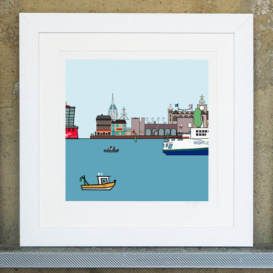 Giclee original artwork print in a white mounted frame. A seascape of Old Portsmouth with the sea. In the water there are small fishing boats and the wightlink ferry going past. The water is a teal blue and the sky a pale blue. There are buildings in the distance of the spinnaker tower, hotwalls, cathedral, pubs, the warrior and the round tower.