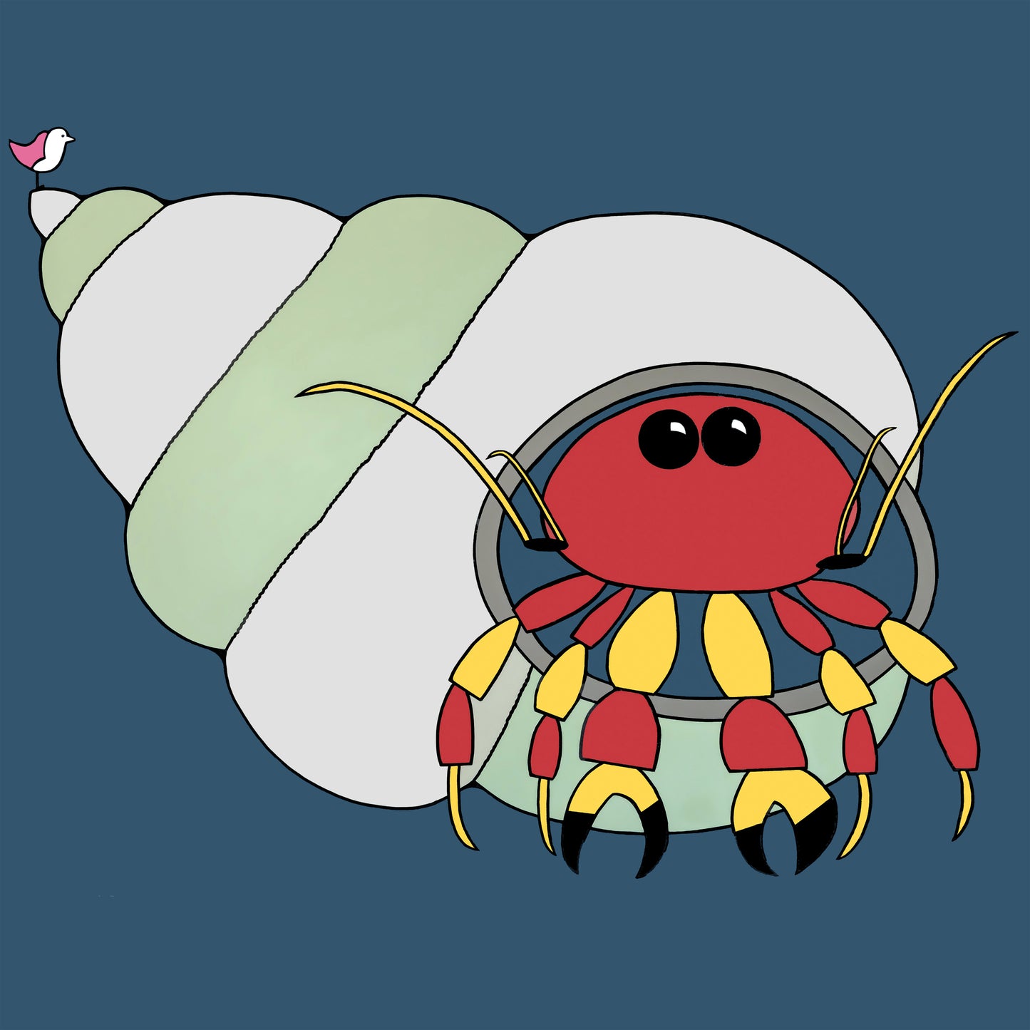 A hermit crab that is red and yellow with black tipped pincers is peaking out of a shell. The shell is a striped pale green and light grey. The background is a teal navy colour. A pink winged seagull is perched on the tip of the shell looking out.