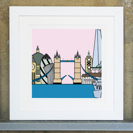 Giclee original artwork print in a white mounted frame. A pale pink sky is in the background of famous buildings and bridges in London, including big ben, the shard, london bridge and st pauls cathedral. In front is the thames in a blue teal colour with a small boat to the right.