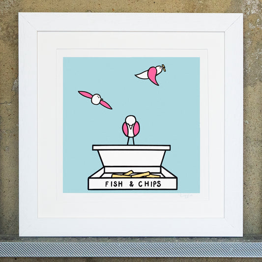 Giclee original artwork print in a white mounted frame. A white open fish & chips box with a few chips inside has a pink winged seagull perched on top looking down. In the sky are two more pink winged seagulls one has a chip in its beak and is flying off. The background is a pale blue colour. All the details and shapes are outlined in black.