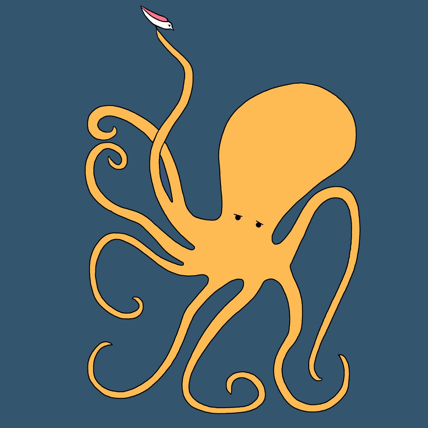 A gold coloured octopus is on a dark blue navy background. In one of its tentacles it is holding up a pink winged seagull looking down.