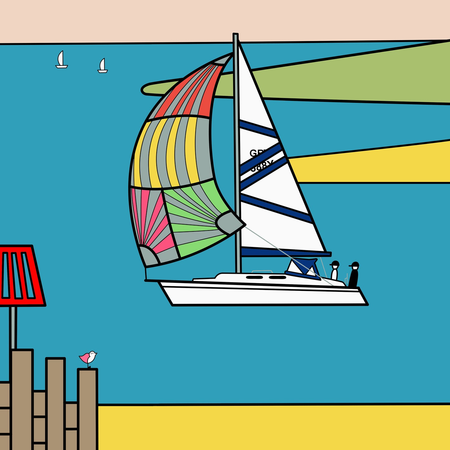 A sailing boat is going across the water with two small figures in the back. The water is a bright blue with a pale peach sky, the land and sand is yellow and green that meets the water. In the distance are two small sailing boats in the water. There is sand at the bottom of the print with groynes to the left and a red warning post. on top of the groyne is perched a small pink winged seagull looking out. All the details and shapes are in a black outline.