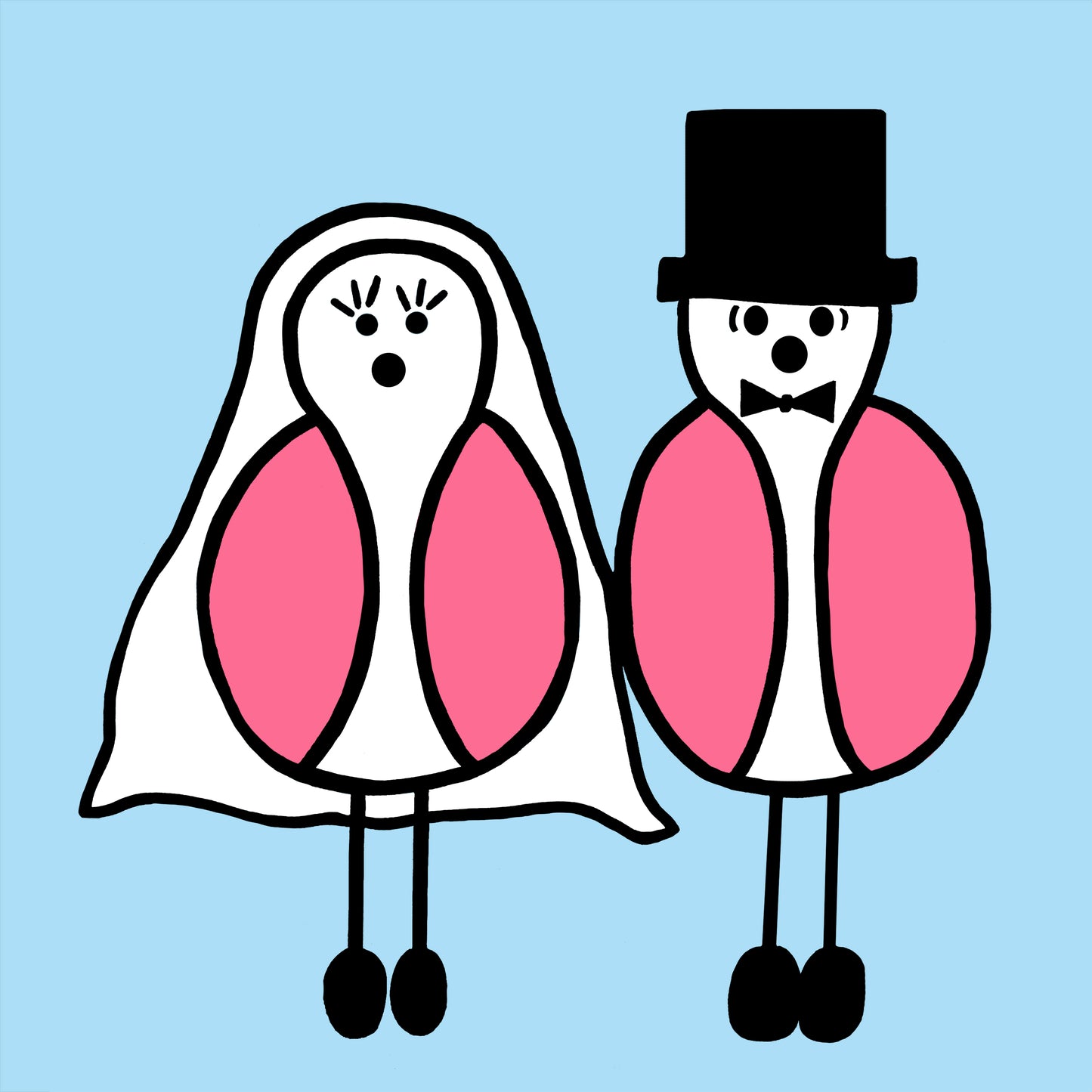 Two pink winged birds are dressed as bride and groom, the bride seagull has large eyelashes with a veil and the groom seagull has a bow tie and top hat. The two birds stand side by side, the background is a pale blue colour.