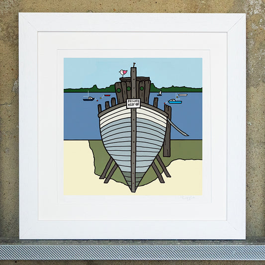 Giclee original artwork print in a white mounted frame. A wooden boat facing forward has a sign that says private keep off, in the background is the sea with small boats and sailing boats. In the distance in a green landscape and pale blue sky. On the boat is a small pink winged seagull looking out. The boat is pulled up on to the sand and grassy area.