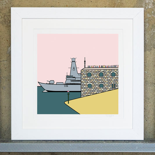Giclee original artwork print in a white mounted frame.  The historic round tower with lots of small fugures on top are watching the prince of wales come accross the water. The beach is golden yellow, the sky a pale pink and the sea a teal colour. A small pink winged seagull is sat on top of a post.