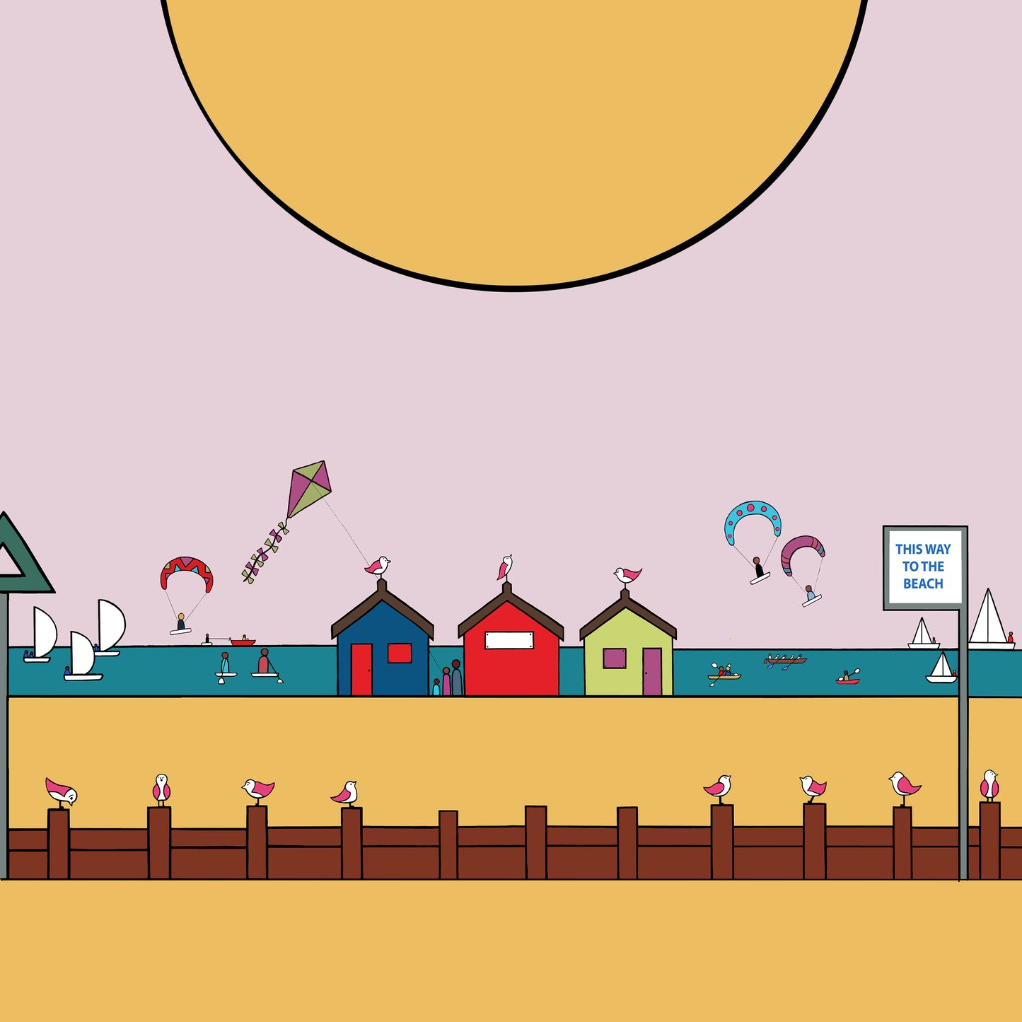 A pink sky and large yellow sun is at the top. Below is the beach and sea, with three small colourful beach huts with pink winged seagulls perched on top. The sea is busy with kites, small sailiing boats and water sports. At the front is golden sand with a sea defence with groynes and a sign that says this way to the beach. More small little pink winged birds are sat on top on the groynes.