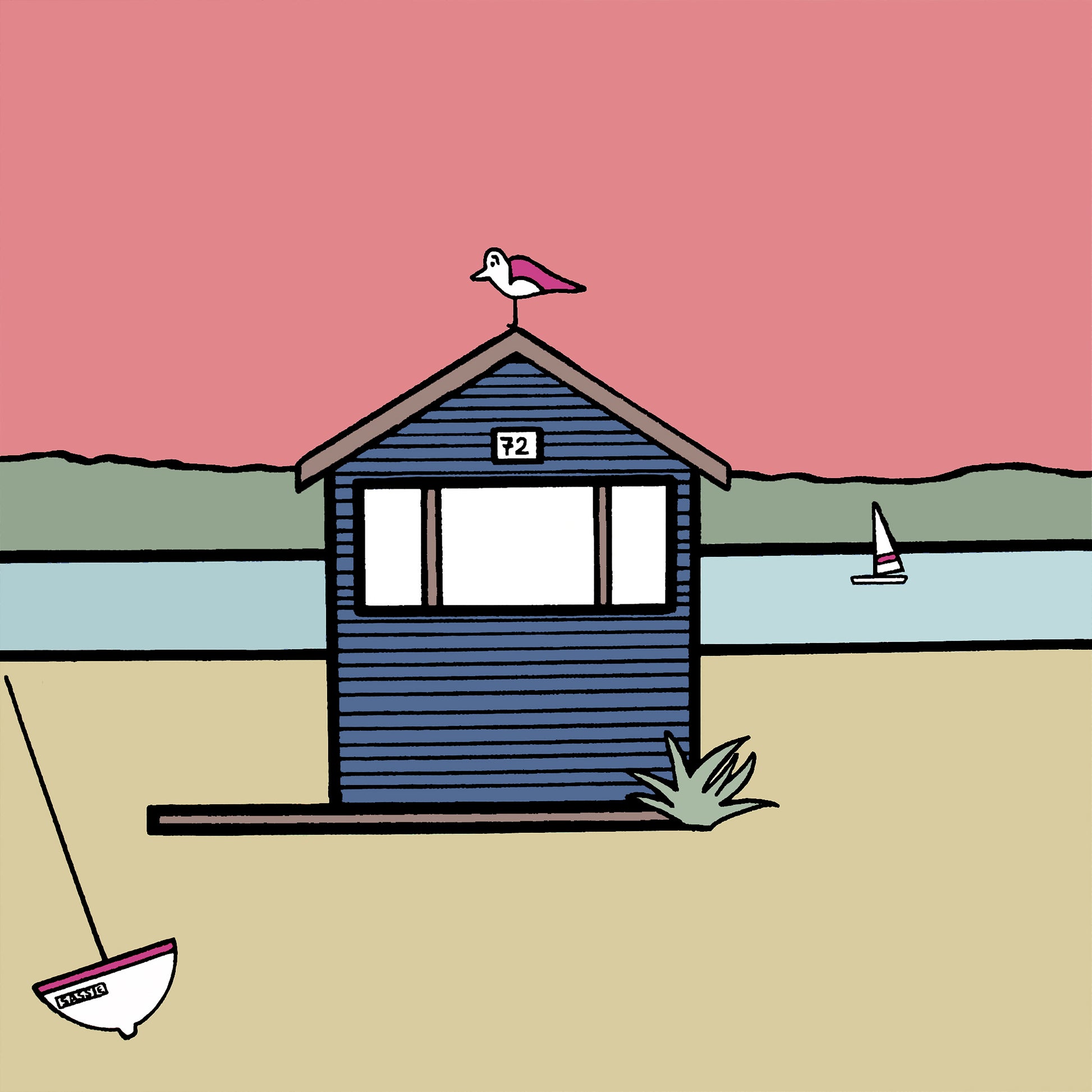 A navy blue beach hut with the number 72 has a pink winged seagull perched on top. The ground is a sandy colour with a small leaning boat. A small plant and wooden deck is at the bottom of the beach hut, with a landscape of the sea in the background, greenery and a warm pink sky. A small sailing boat is in the water. 