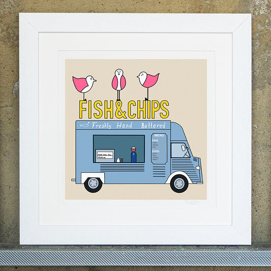 Giclee original artwork print in a white mounted frame. A grey van has a fish & chips sign in yellow on the roof with three pink winged seagulls perched on top. The van has freshly hand battered text in white with a menu and a small figure, salt and vinegar and battered foods on display. The background is a light beige colour.