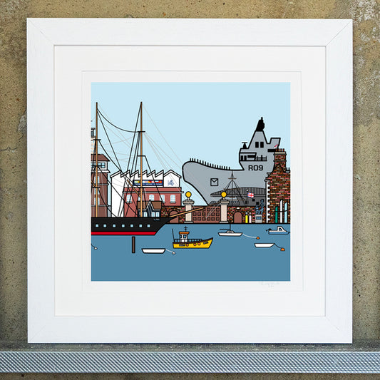 Giclee original artwork print in a white mounted frame. Detailed print of the dockyard main gate with boathouse 4 in the background. In front of the dockyard is the HMS victory with small fishing boats in the sea. In the far background is the Prince of Wales ship with a pale blue sky. There is also other small details of a british flag, sculpture, bollards and brickwork.