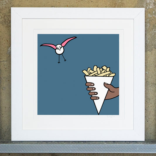Giclee original artwork print in a white mounted frame. The print is called salt and vinegar. A pink winged seagull is flying towards a cup of chips which is held in someones hand. The background is teal.