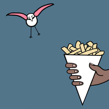 The print is called salt and vinegar. A pink winged seagull is flying towards a cup of chips which is held in someones hand. The background is teal.