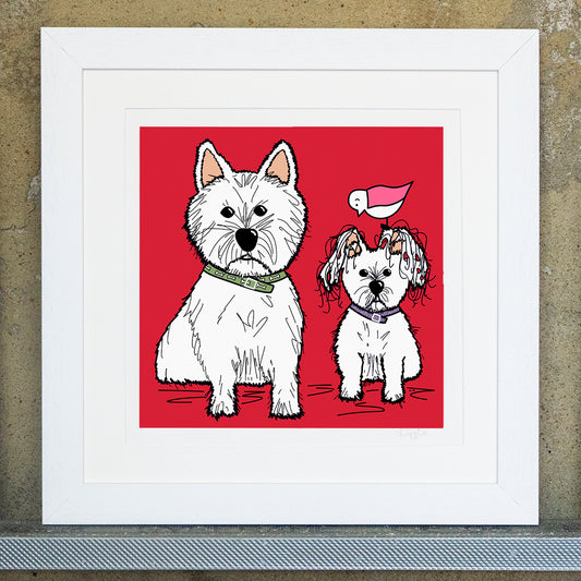 Giclee original artwork print in a white mounted frame. Two white dogs called Sammy and Tilly, one is small with floppy scruffy ears and the other slightly bigger with pointed ears. The dogs are sat down facing forward with a bright red background. The smaller dog has a pink winged seagull perched on its head looking down. The dogs are wearing collars one is green with dog bones and the other is purple with dots. 