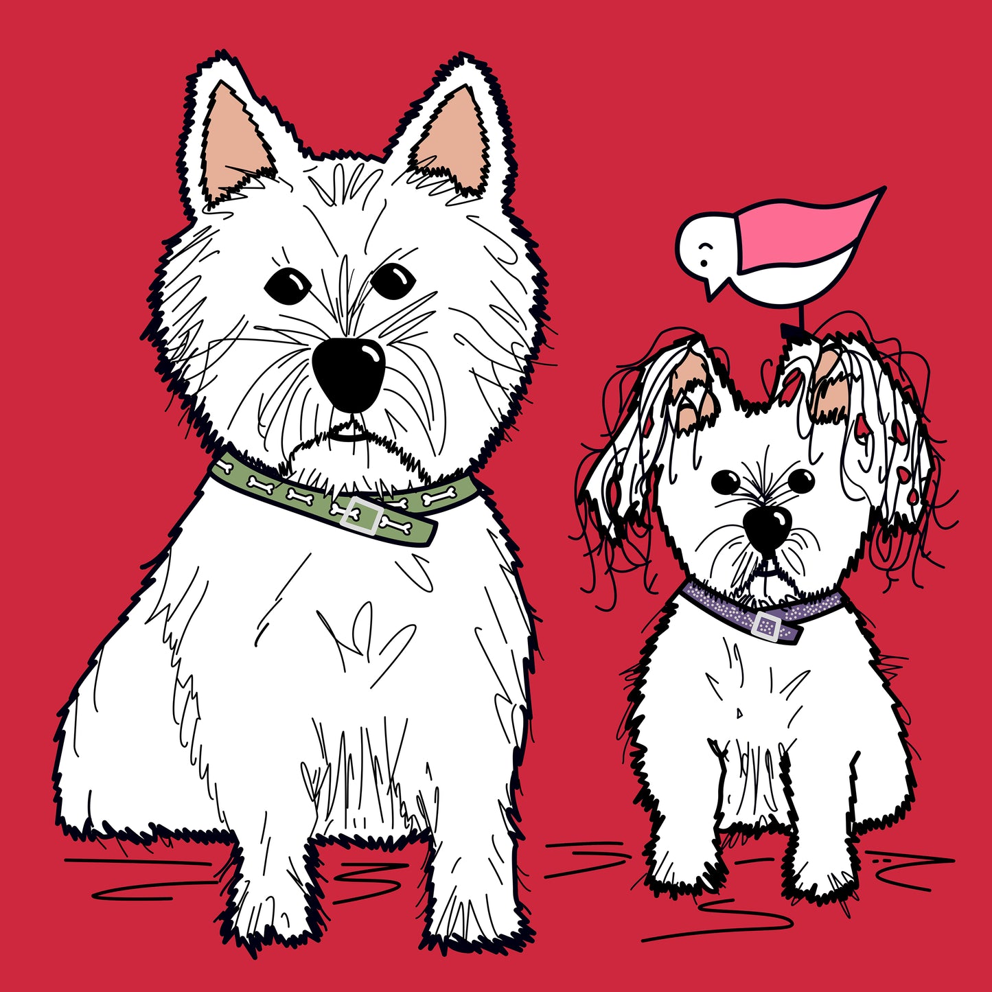 Two white dogs called Sammy and Tilly, one is small with floppy scruffy ears and the other slightly bigger with pointed ears. The dogs are sat down facing forward with a bright red background. The smaller dog has a pink winged seagull perched on its head looking down. The dogs are wearing collars one is green with dog bones and the other is purple with dots.