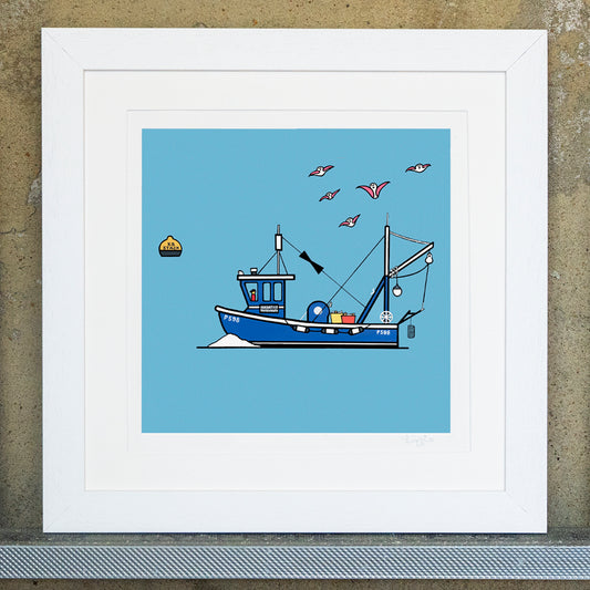 Giclee original artwork print in a white mounted frame. The artwork is called something fishy. The background is blue with a fishing boat. A buoy is floating with five pink winged seagulls flying above the boat in the sky. The fishing boat has lots of details of fishing baskets, floats and a small figure steering the boat.