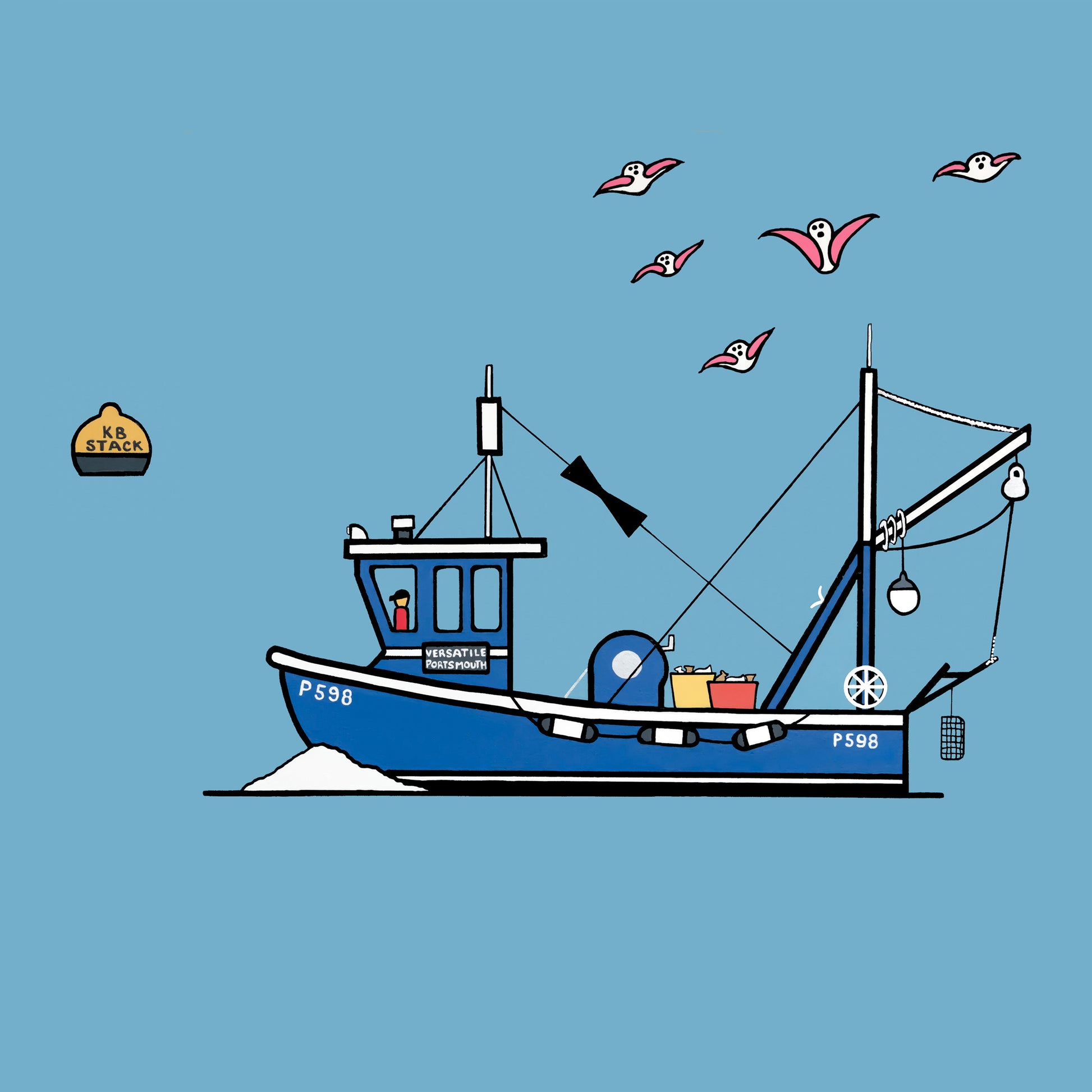 The artwork is called something fishy. The background is blue with a fishing boat. A buoy is floating with five pink winged seagulls flying above the boat in the sky. The fishing boat has lots of details of fishing baskets, floats and a small figure steering the boat.