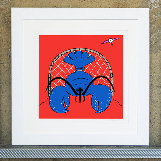 Giclee original artwork print in a white mounted frame. The print is called lompster. A blue lobster is facing forward in a lobster pot with a bright red background. In the top right corner is a pink winged seagull in flight.