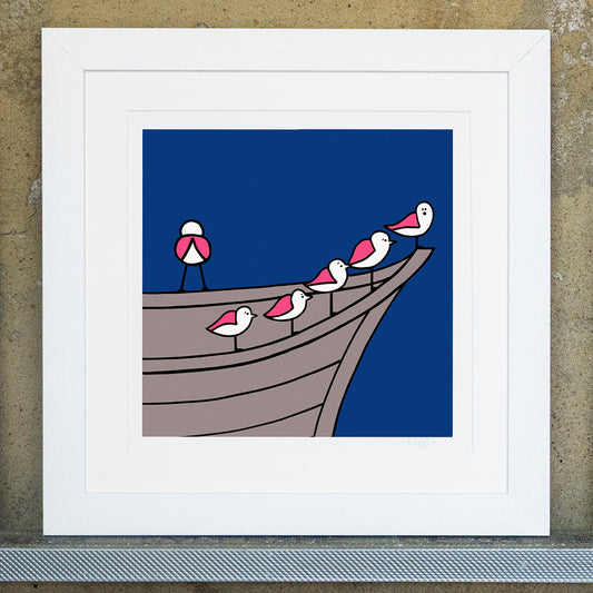 Giclee original artwork print in a white mounted frame. Six pink winged seagulls are perched on the edge of a wooden boat, one seagull is facing away from the others, one of the other seagulls has its mouth open white the other four are looking straight ahead. The print is called was it something i said. The sky and background is a midnight blue.