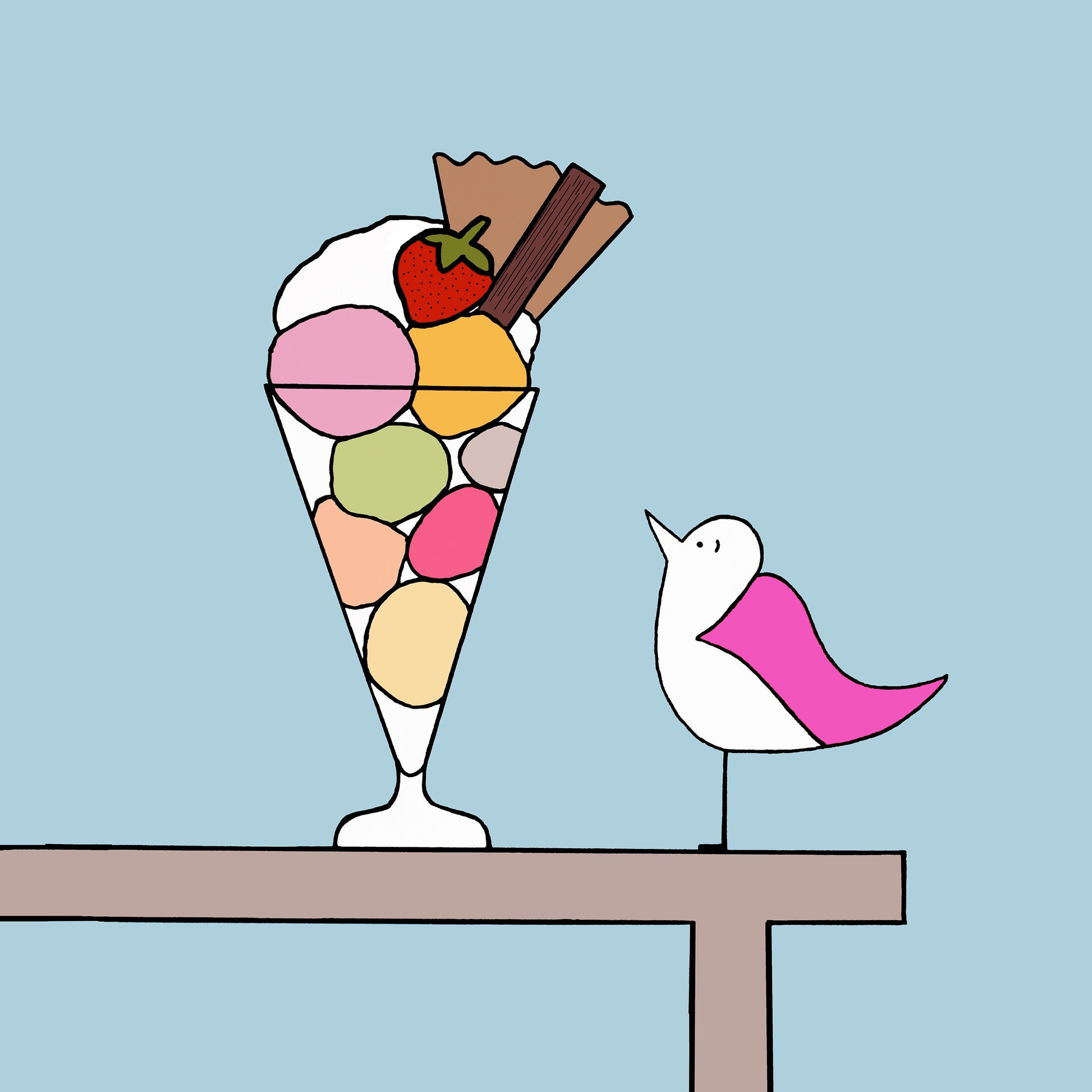 Square framed print of a pink winged seagull looking at an icream sundae with strawberry, flake, wafer and cream in a tall glass. The background is blue with a table outline holding the bird and desert.