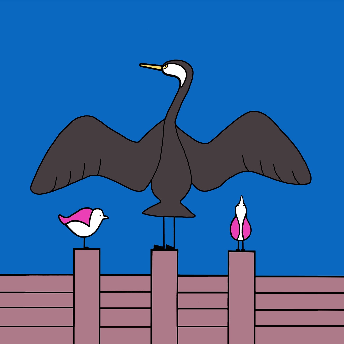 A groyne has a cormorant with it's wings spread out. Either side are two pink winged seagulls also perched on the groyne, one is looking up at the wing of the cormorant and the other to the side. the sky is bright blue.