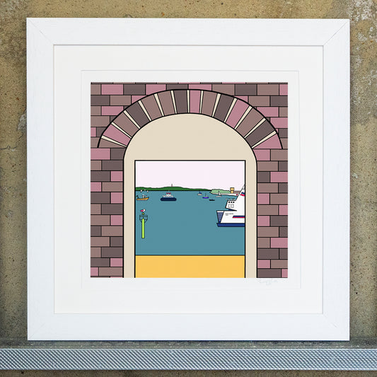 Giclee original artwork print in a white mounted frame. A brick wall arch way to the sea, with dusty pink and mauve bricks. In the arch way is bright yellow for the sand, a teal blue sea with different boats, sailing boats, hover and the isle of wight ferry. In the far distance is green land of gosport and the isle of wight. A green sea marker has a pink winged seagull perched on top.