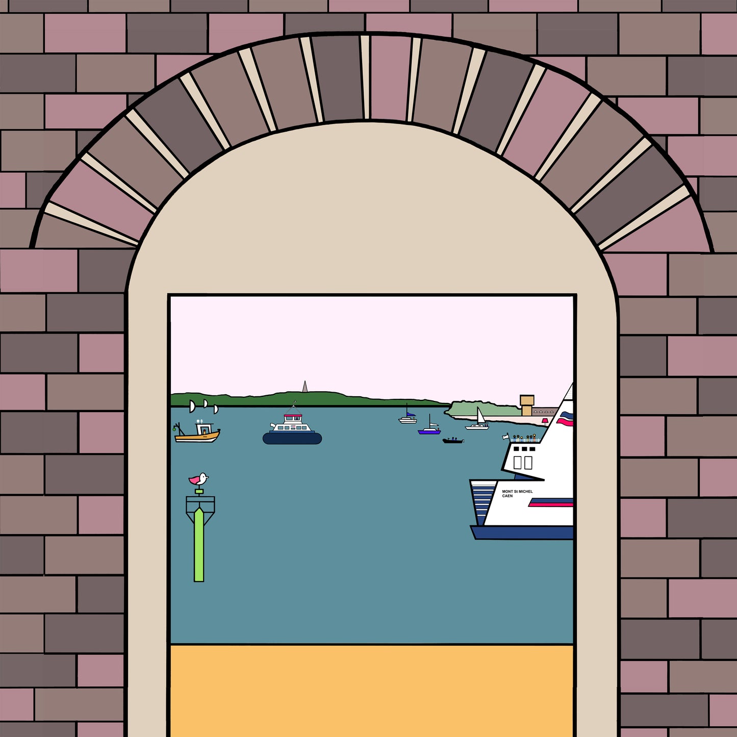 A brick wall arch way to the sea, with dusty pink and mauve bricks. In the arch way is bright yellow for the sand, a teal blue sea with different boats, sailing boats, hover and the isle of wight ferry. In the far distance is green land of gosport and the isle of wight. A green sea marker has a pink winged seagull perched on top.