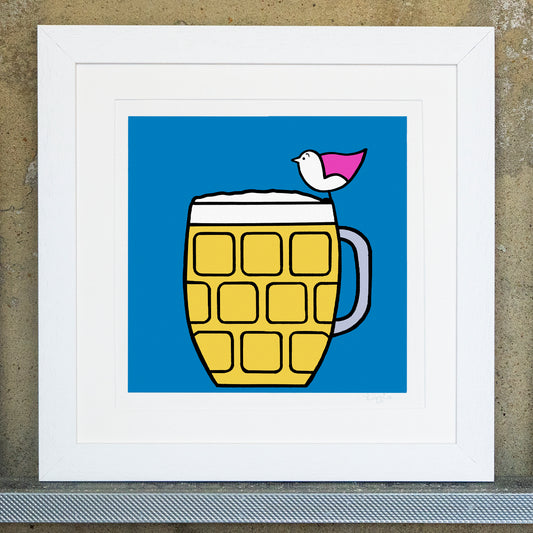 Giclee original artwork print in a white mounted frame. A pint of beer in a glass with a handle with squares, has a small pink winged bird sat on the top of the rim. The background is a bright blue colour, the beer is yellow with white froth. All the shapes and details are outlined in black.