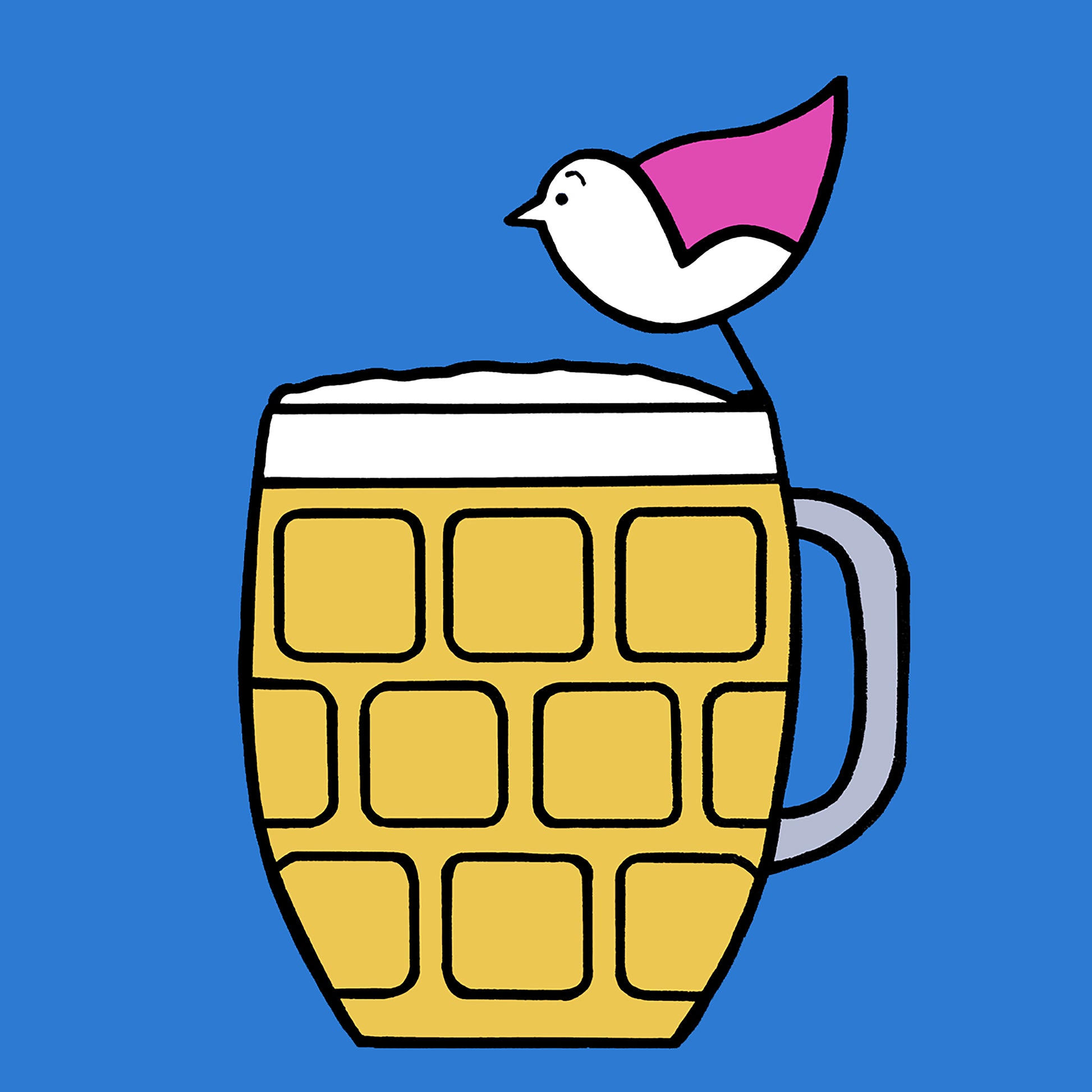 A pint of beer in a glass with a handle with squares, has a small pink winged bird sat on the top of the rim. The background is a bright blue colour, the beer is yellow with white froth. All the shapes and details are outlined in black.