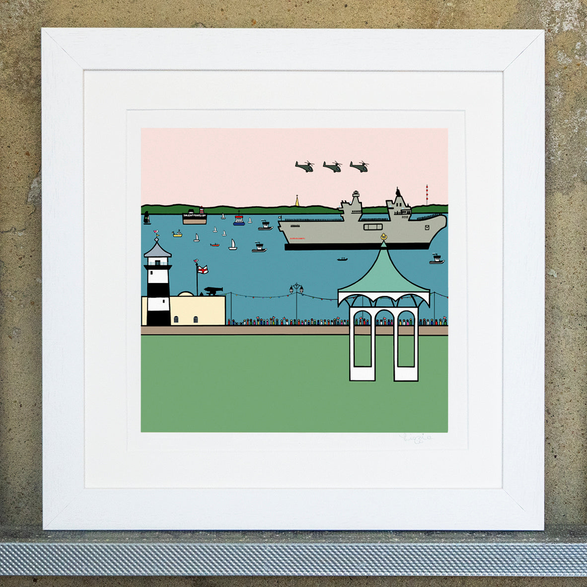 Giclee original artwork print in a white mounted frame. The Queen Elizabeth ship is going past in the sea, with a crowd of people watching. There are small sailing boats in the distance and the fort. Southsea castle is to the left with the southsea band stand and the green playing fields. The sky is pale pink with three helicopters flyer over the top of the ship. In the far distance you can see the isle of wight in a green landscape.