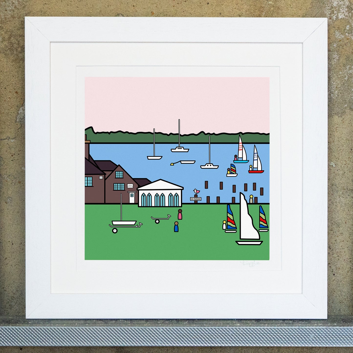 Giclee original artwork print in a white mounted frame. The print is of Bosham Sailing Club with a green grassy area with sails and trailers. A building can be found on the left infront of the sea with groynes and small boats in the distance. In the far distance is a green landscape with a pale pink sky. One groyne has a small pink winged seagull perched on top with a no parking sign.