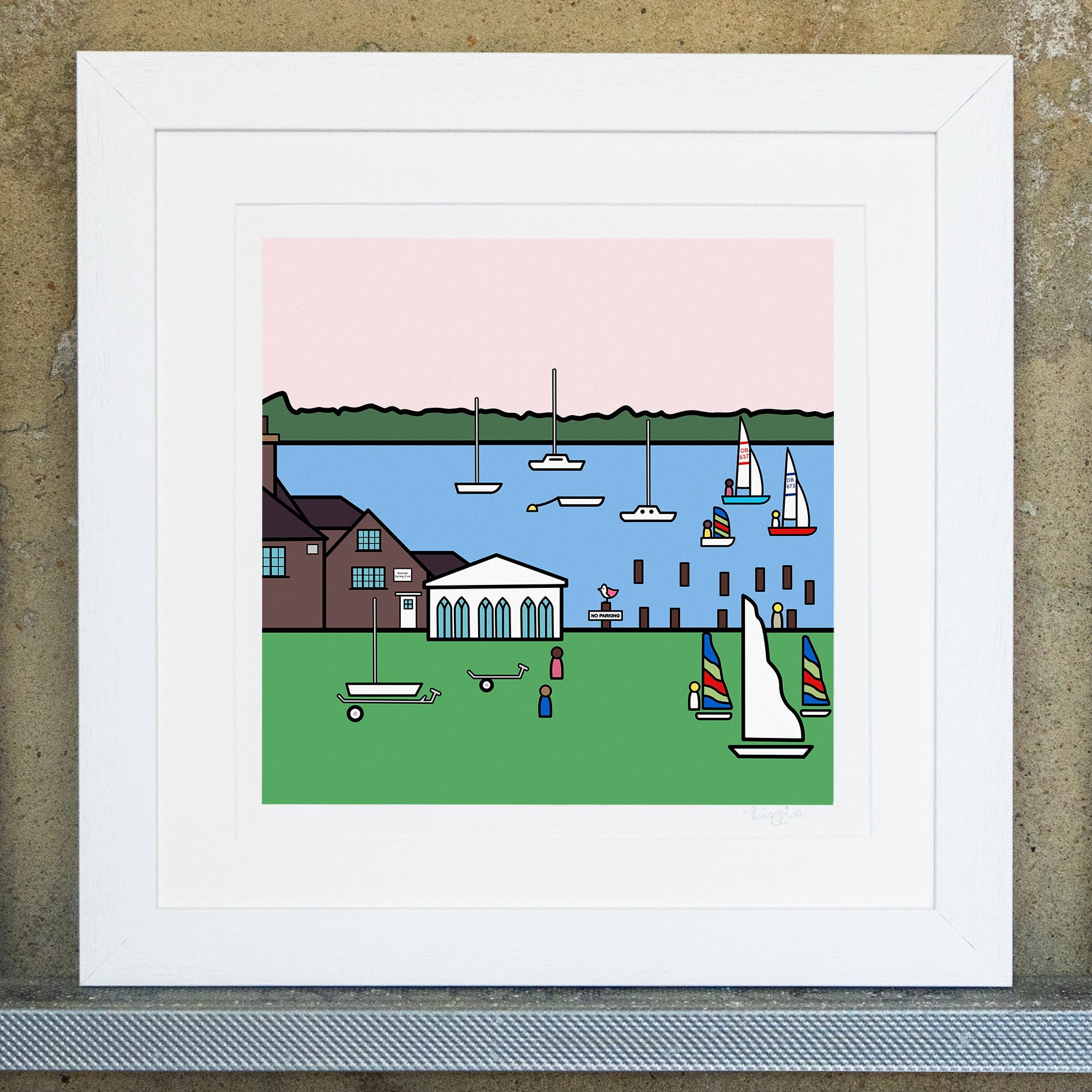 Giclee original artwork print in a white mounted frame. The print is of Bosham Sailing Club with a green grassy area with sails and trailers. A building can be found on the left infront of the sea with groynes and small boats in the distance. In the far distance is a green landscape with a pale pink sky. One groyne has a small pink winged seagull perched on top with a no parking sign.