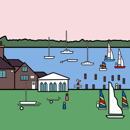 The print is of Bosham Sailing Club with a green grassy area with sails and trailers. A building can be found on the left infront of the sea with groynes and small boats in the distance. In the far distance is a green landscape with a pale pink sky. One groyne has a small pink winged seagull perched on top with a no parking sign.