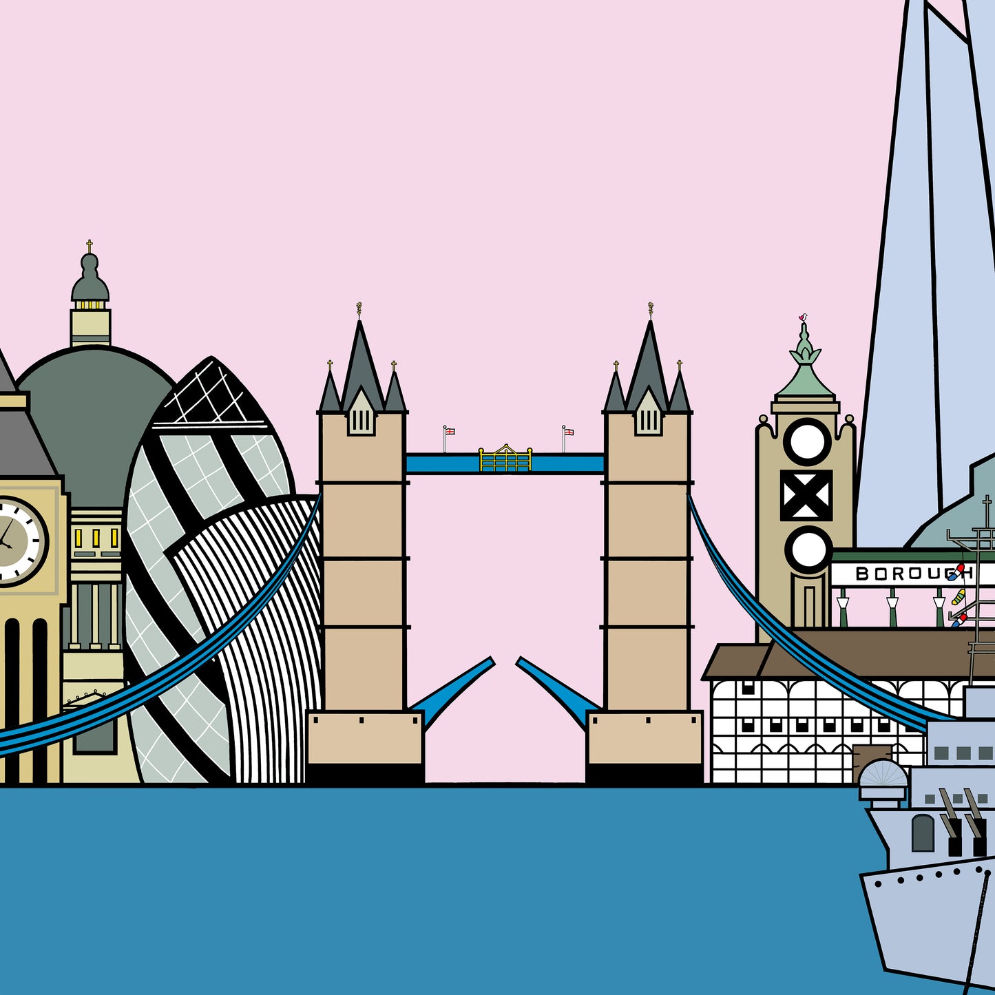 A pale pink sky is in the background of famous buildings and bridges in London, including big ben, the shard, london bridge and st pauls cathedral. In front is the thames in a blue teal colour with a small boat to the right.