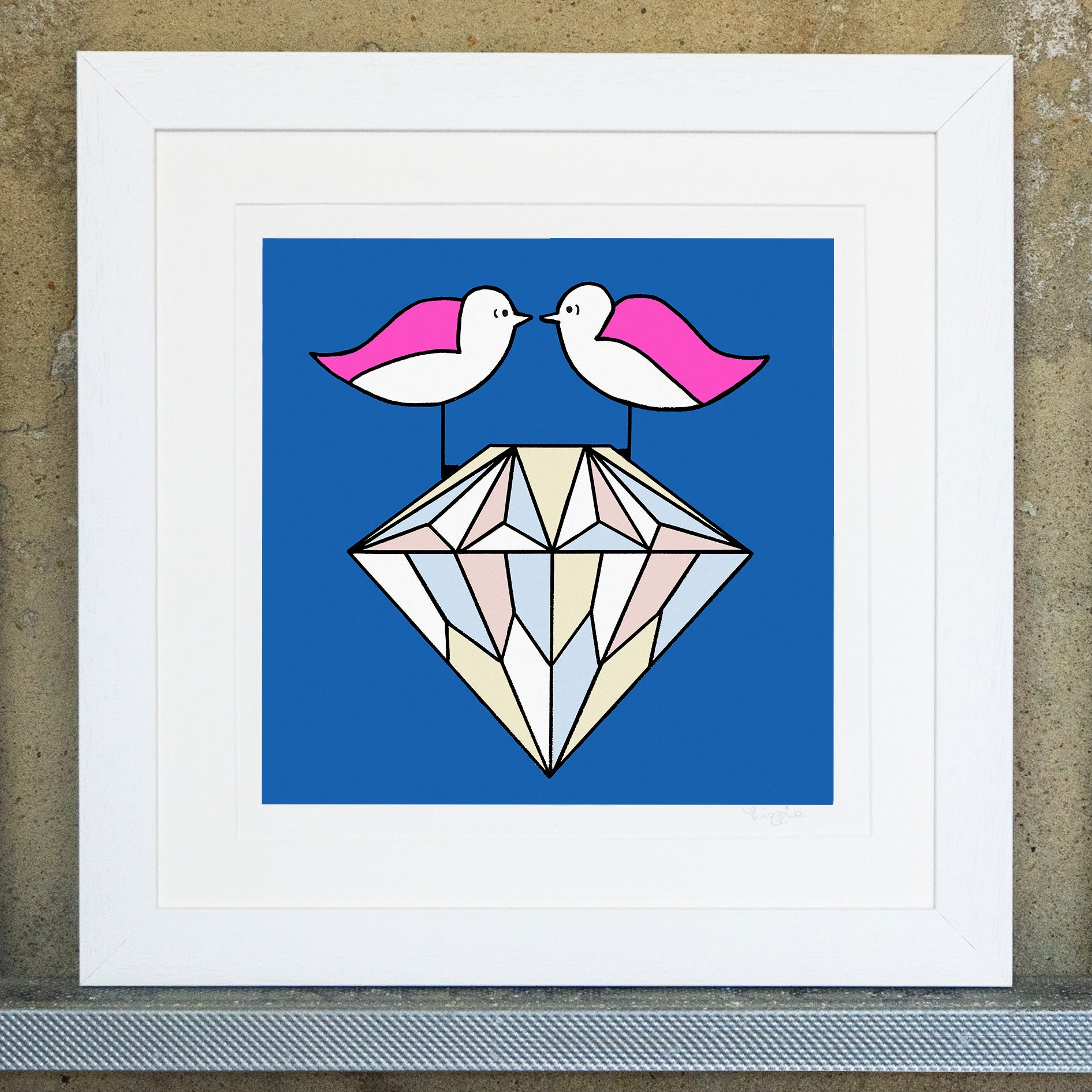 Giclee original artwork print in a white mounted frame. Two pink winged seagulls are facing each other perched on top of a big diamond. The diamond is covered in pale blue, pink, white and yellow triangular shapes. The background is a bright blue, all details and shapes are outlined in black.