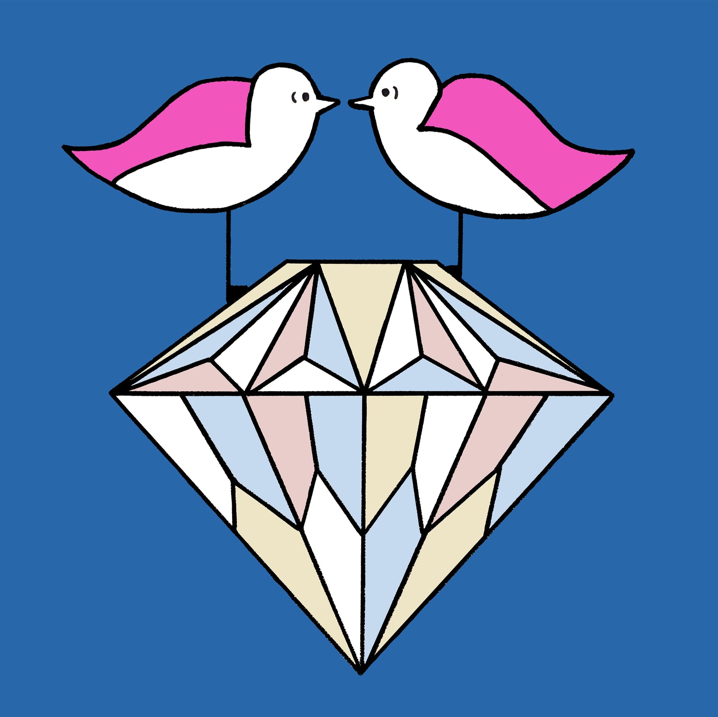  Two pink winged seagulls are facing each other perched on top of a big diamond. The diamond is covered in pale blue, pink, white and yellow triangular shapes. The background is a bright blue, all details and shapes are outlined in black.