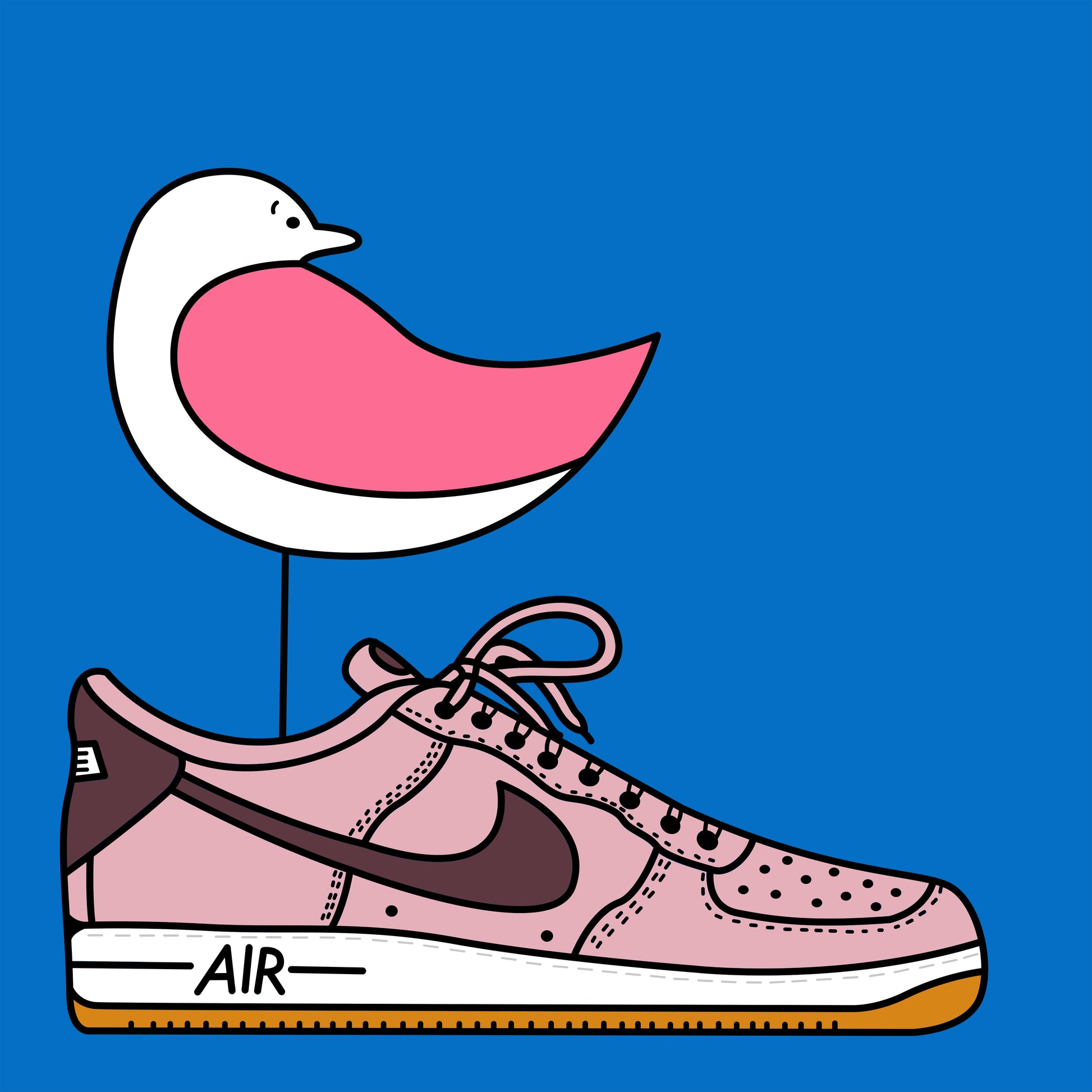 A pink winged seagull is perched on top of a pale pink trainer that says air on the bottom. The seagull is looking back. The background is a bright blue.