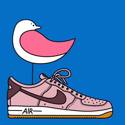 A pink winged seagull is perched on top of a pale pink trainer that says air on the bottom. The seagull is looking back. The background is a bright blue.