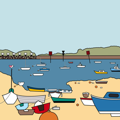 Multiple boats are in the harbour, some are on the sand and some in the water. The boats are all different sizes and colours with buoys. In the distance are warning groynes and green landscape with a pale blue sky. One of the small boats on the sand has a small pink winged bird perched on top of the sailing pole.