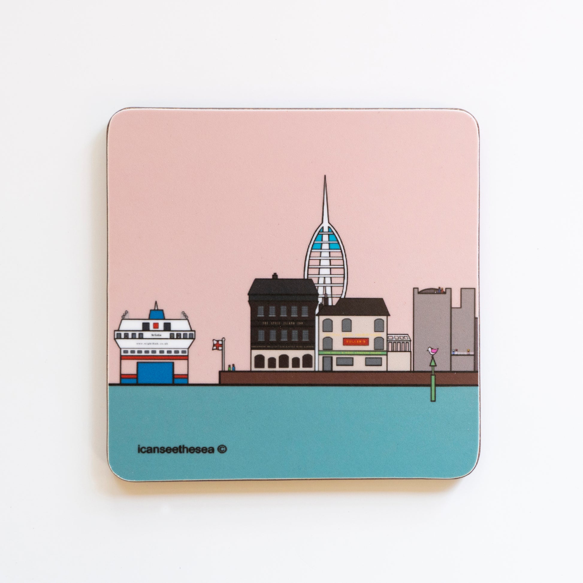 A coaster of a painting of the isle of wight ferry in Old Portsmouth. The sky is pastel pink with a blue sea. On the horizon is the round tower, pubs, the spinnaker tower in the distance and the ferry in the sea. Two small figures can be seen near the walls edge looking out and standing by an england flag. On a green beach safety maker, sits a pink winged seagull looking out.