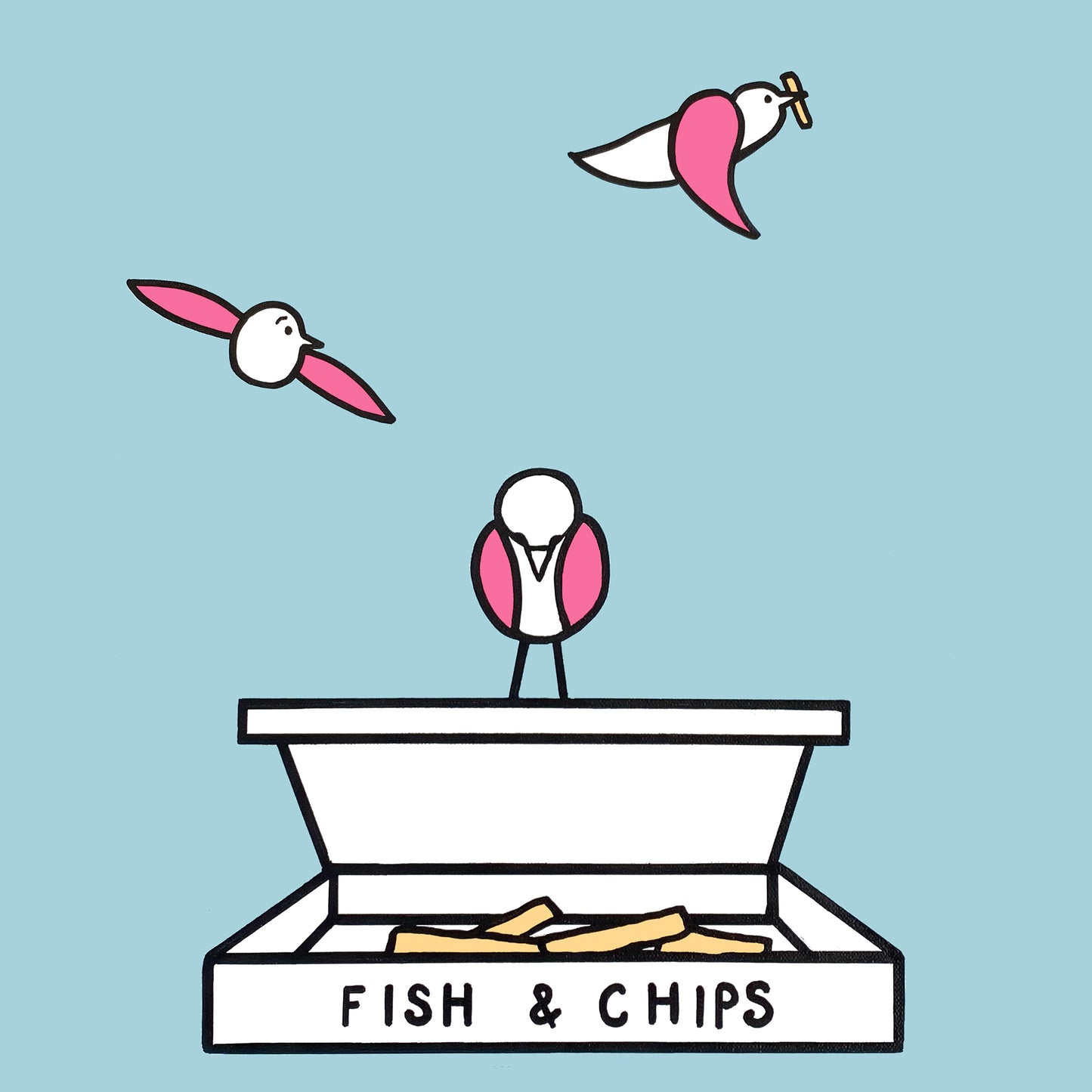 A white open fish & chips box with a few chips inside has a pink winged seagull perched on top looking down. In the sky are two more pink winged seagulls one has a chip in its beak and is flying off. The background is a pale blue colour. All the details and shapes are outlined in black.