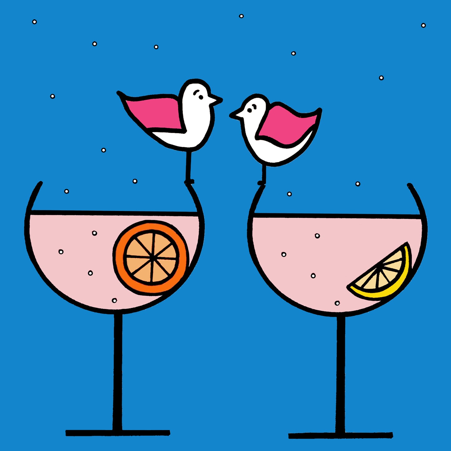 Two glasses of gin fizz are placed side by side one with a slice of lemon and the other a slice of orange. Bubbles are floating in the drink all the way up and out the glass. Two pink winged seagulls are perched on the edge of the glasses facing each other. The background is a bright blue, the gin fizz is a pale pink. All shapes and details are outlined in black.