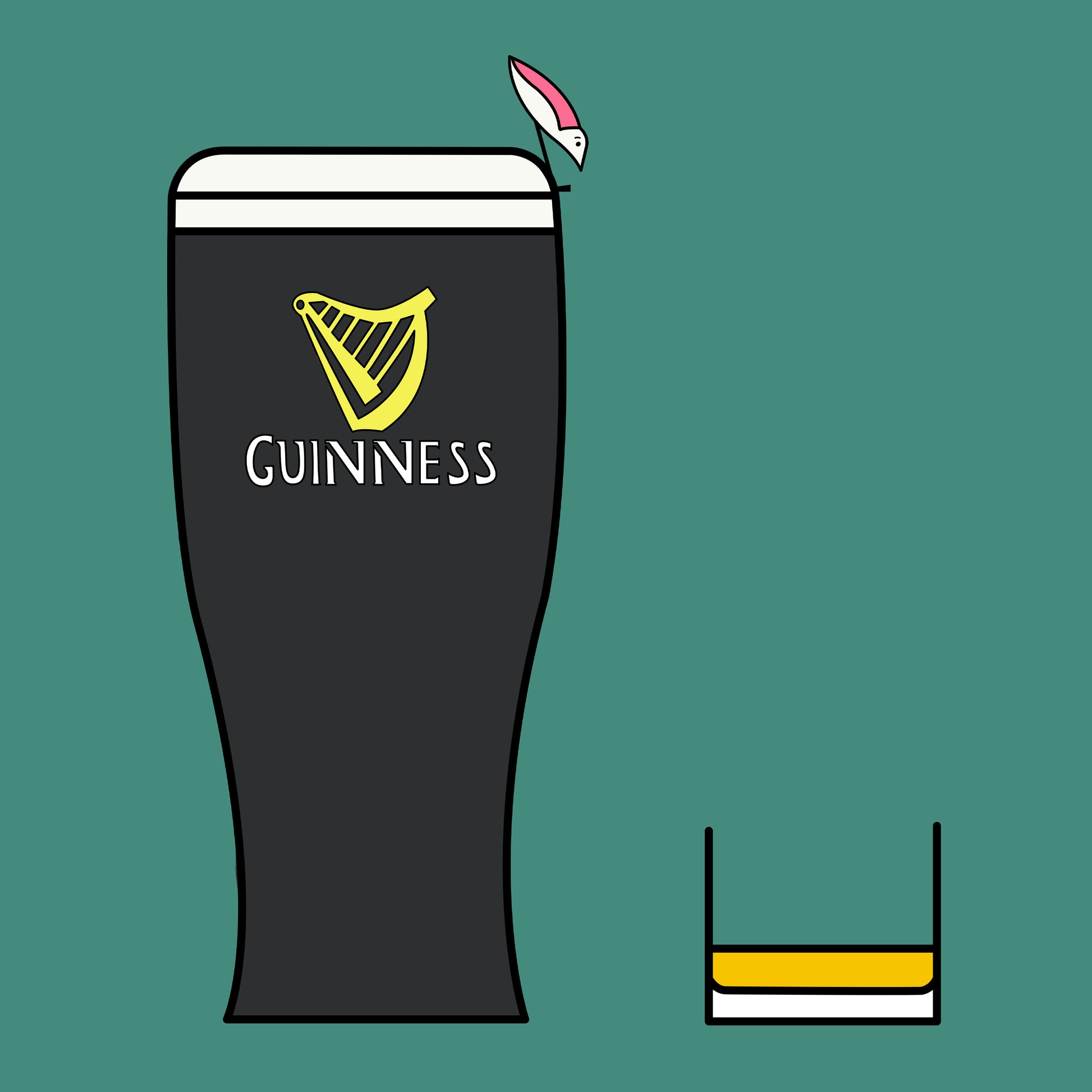 A pint of guiness and a small glass of whiskey are placed next to each other. The background is a bottle green colour. A small pink winged seagull is perched on the edge of the pint of guinness looking down at the whiskey.