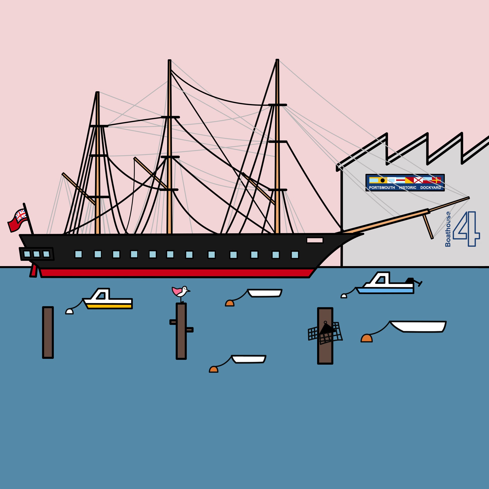 The HMS Warrior is in the sea surrounded by small boats and three groynes. In the background is boathouse 4, the sky is a pale pink with a teal coloured sea. One small pink winged seagull is perched on top a groyne looking out.