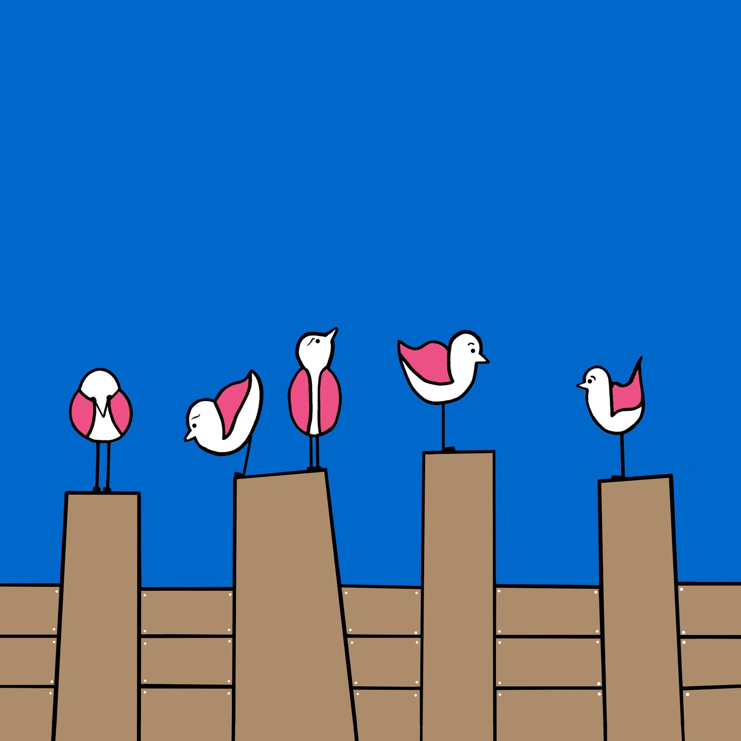 Five pink winged seagulls are perched on top of four groynes. Each seagull is looking in different directions. The background is a bright blue with brown groynes. The details and shapes are outlined in black. The print is called humble beginnings.