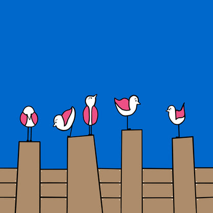 Five pink winged seagulls are perched on top of four groynes. Each seagull is looking in different directions. The background is a bright blue with brown groynes. The details and shapes are outlined in black. The print is called humble beginnings.