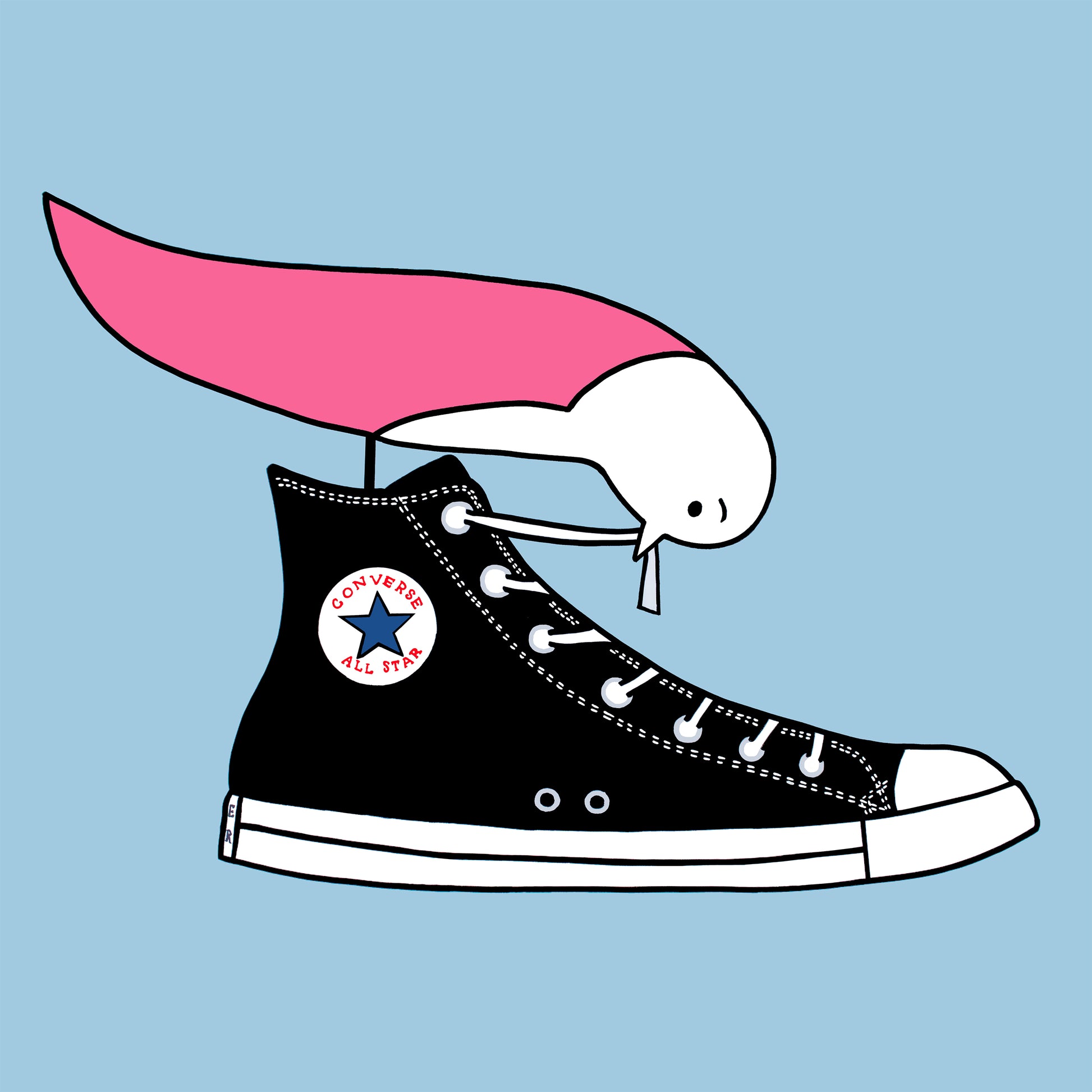 A pink winged seagull is perched on top of a black converse shoe pulling at a shoelace. The background is a pale blue and the original print is called I love my converse. 