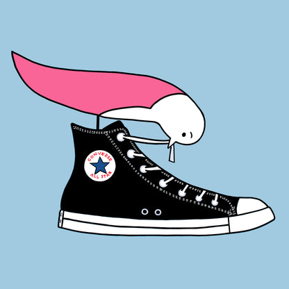 A pink winged seagull is perched on top of a black converse shoe pulling at a shoelace. The background is a pale blue and the original print is called I love my converse. 