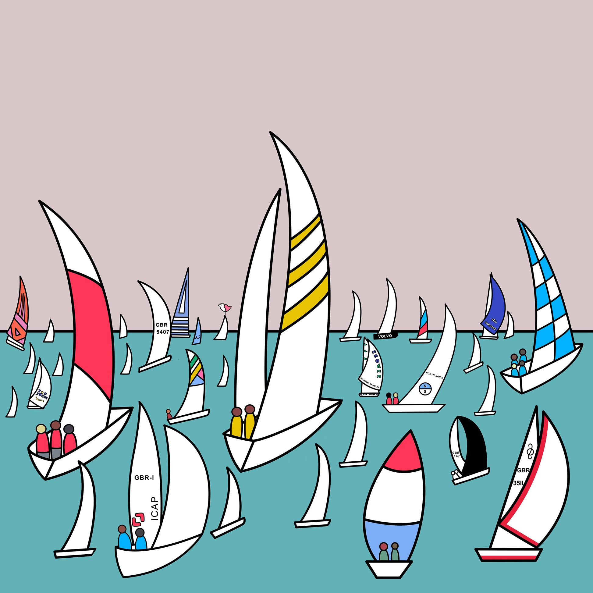 Multiple sailing racing boats are in the sea, all different sizes with different patterns and colours in the sails. The sea is a aqua colour with a pale pink sky. The original print is called Island Racing.