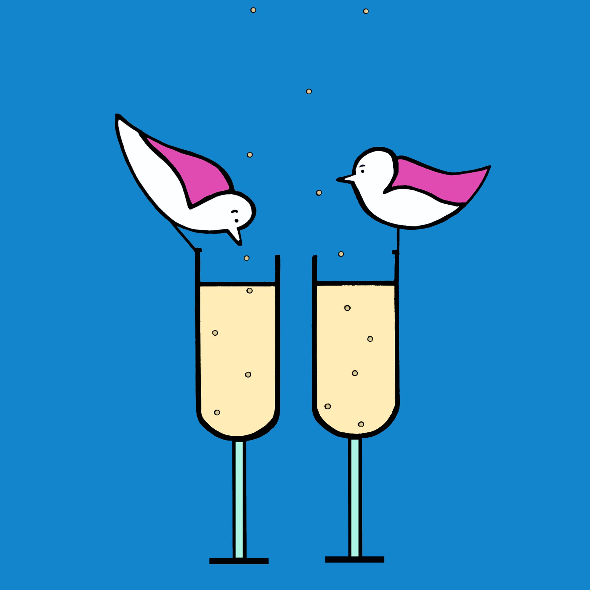 Two pink winged seagulls are perched on the rim of two glasses of fizz, the bubbles are floating from the bottom of the glass out to the top. The background is bright blue. One seagull is peering into the glass.